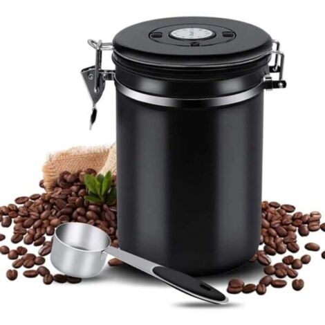 Bocal à café hermétique en acier inoxydable, récipient de conservation pour grains de café, 1,5 L, avec cuillère et valve de décharge, noir (1/5)
