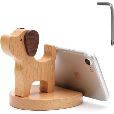 Support de téléphone universel en bois, modèle chien décoratif pour bureau (1/5)