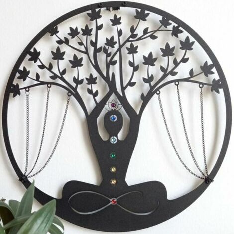 Décoration murale de méditation en métal, arbre de vie et pierres des 7 chakras, cristal brut, symbole d'énergie pour la méditation et le yoga, pendentif noir pour entrée. (1/5)