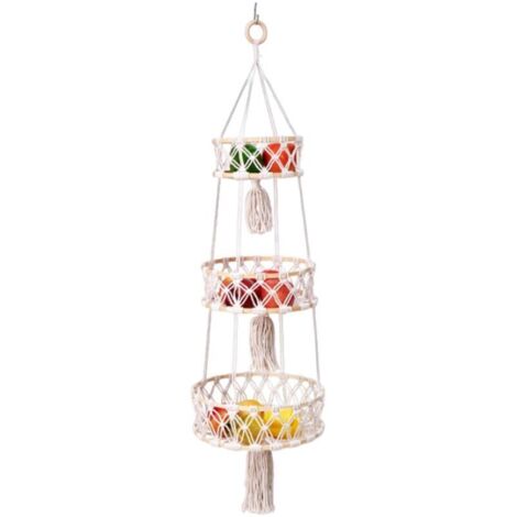 Panier Fruit Suspendu - 1 pièce, Panier Fruit Suspendu 3 Niveaux Corde Coton Tressée + Crochet - Mural, Pour Cuisine/Salon/Salle de Bain (1/4)