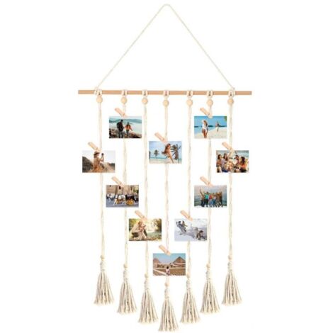 Cadre Pele Mele Macramé - Porte-Photo Bohème 30 Clips Bois - Support Suspendu Polaroid Photos Murales (1/5)