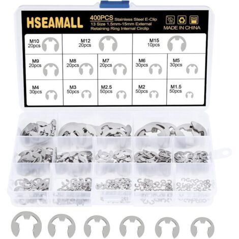 Kit de 400 circlips en acier inoxydable de 13 tailles différentes (1,5/2/2,5/3/4/5/6/7/8/9/10/12/15 mm) avec boîte en plastique. (1/5)