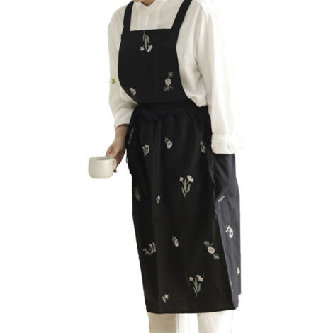 Tablier imperméable en coton et lin – Noir – Brodé – Style japonais, pour pâtisserie et café (1/5)