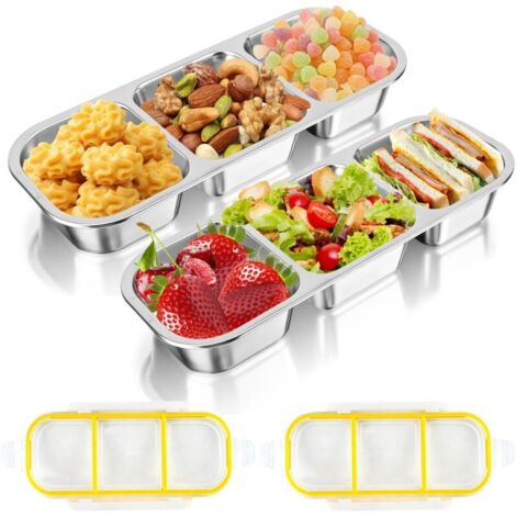Lot de 2 boîtes à goûter avec compartiments - En acier inoxydable - Pour enfants - Avec 3 compartiments - Sans BPA - Pour bonbons, épices, noix, biscuits, légumes, école, travail (26,2 x 10,3 (1/5)