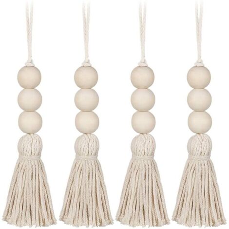 Lot de 4 perles à pompons en bois pour poignée de porte de placard - Décoration murale décorative - Pompon - Pendentif pour armoire, porche (1/5)