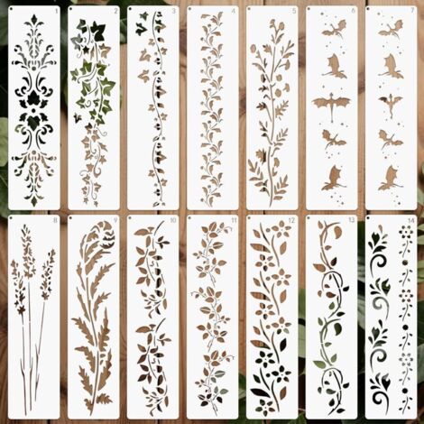 14pièces Pochoirs pour Peinture Réutilisable, 30x7.62cm Pochoir pour Dessin en Plastique Plantes Bricolage Bois Mur Maison Décor