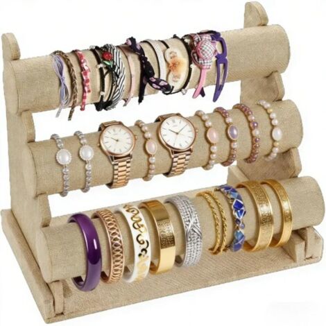 Support de bracelet à 3 niveaux, organisateur de bijoux, présentoir à bijoux amovible pour montre, collier, boucles d'oreilles, bandeau à cheveux, lin