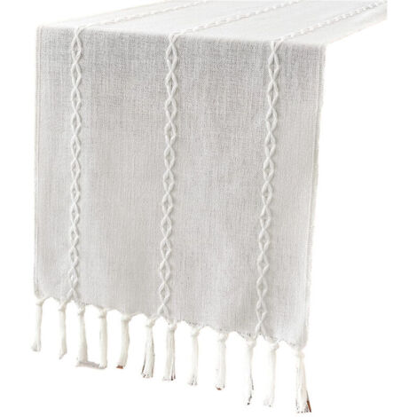 Chemin de table vintage en coton et lin, blanc uni avec franges, 33 × 228 cm (1/5)