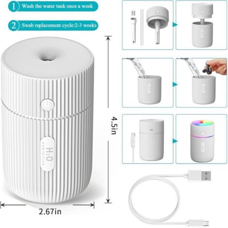 Humidificateur, mini humidificateur ultrasonique avec 2 modes de brumisation réglables, arrêt automatique et veilleuse colorée, humidificateur USB portable pour voiture, maison, bureau, chambre (blanc (1/5)