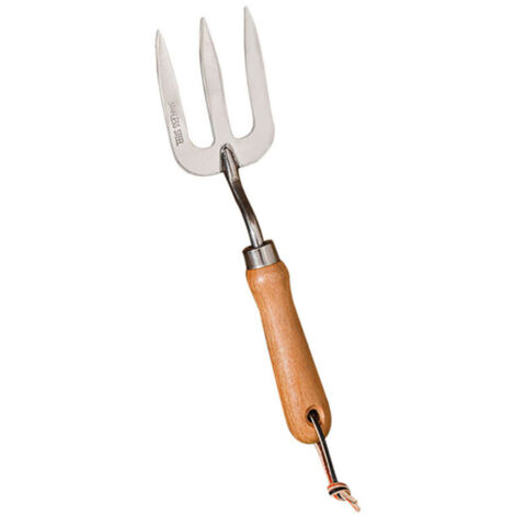Fourche de jardin à main en acier inoxydable avec manche en bois, outil manuel (1/4)
