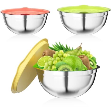 3 pièces bols à mélanger, saladier bol à en acier inoxydable avec Coloré couvercle hermétique, 2.5L / 2L / 1.4L empilables et lave-vaisselle, ustensiles de cuisine pour stockage et mélange (1/5)