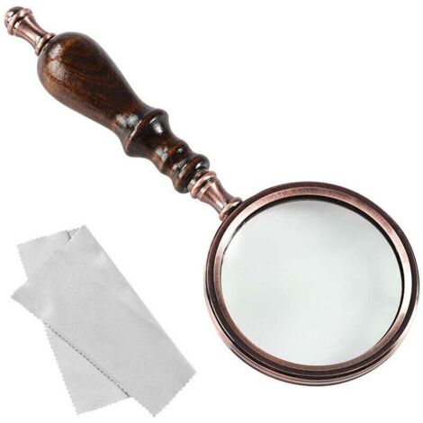 Loupe de poche à manche en bois, loupe en cuivre antique pour les loisirs, les personnes âgées et la dégénérescence maculaire - Grossissement 10x (1/5)