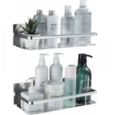 2PCS Douche en aluminium sans perçage, argent, rangement de salle de bain résistant à la rouille, étagères de salle de bain auto-adhésives, chariot de douche sans perçage avec 4 crochets (1/4)