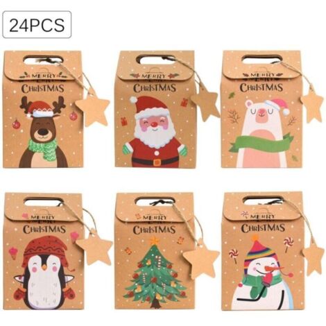 24PCS Boîtes Sacs de Cadeaux de Noël(9 × 6 × 14cm), Pochette Cadeau Kraft Noël, Boîtes Cadeau de Noël en Papier Kraft, Pochette Noël boîtes pour Emballage Cadeau, Bonbons, chocolats, Biscuits (1/5)