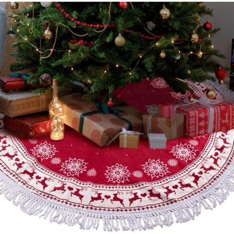 Jupe de Sapin de Noel Rouge, Cache Pied Sapin de Noel 90cm, Tapis Sapin Noel, Couvre-Pied de Sapin, Tour de Sapin, Dessous de Sapin de Noël, avec Gland Élans en Flocon de Neige (1/5)