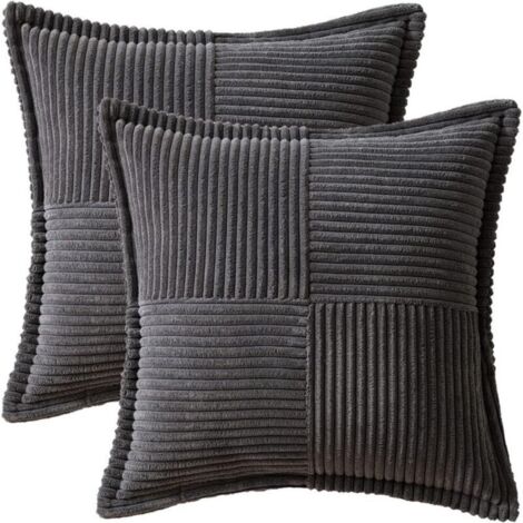 Housses de coussin décoratives pour canapé-lit, salon, 45 x 45 cm, lot de 2, taies d'oreiller gris en velours côtelé doux à rayures style bohème (1/5)