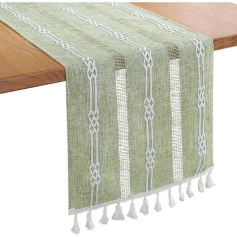 Broderie Lin Chemin de Table Intérieur Extérieur Ferme Style Café Chemin de Table 183cm avec Glands à la Main pour Pique- Mariage 33x183CM-Vert (1/4)