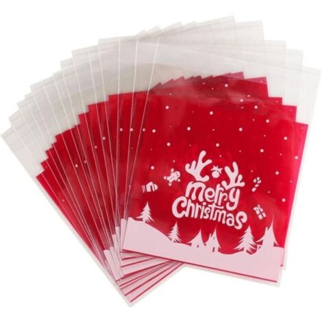 Lot de 100 sachets de Noël transparents en plastique auto-adhésifs pour bonbons, biscuits, fêtes de Noël (10 x 10 + 3 cm) (1/4)