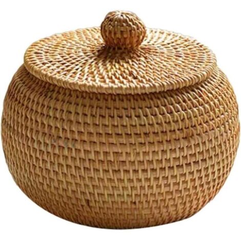 Panier de rangement en osier avec couvercle – Panier en rotin – Petite boîte en osier – Rotin naturel tressé pour chambre, salon, bureau, 15 x 12 cm
