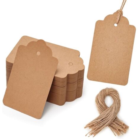 Lot de 100 étiquettes cadeaux en papier kraft, 4 cm x 7 cm, vierges, avec 30 mètres de ficelle de jute, pour loisirs créatifs et fournitures de mariage (marron) (1/5)