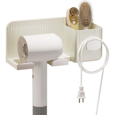 Support mural autocollant pour sèche-cheveux avec crochets pour câbles et boîtes de rangement. Support multifonction pour accessoires de salle de bain. (1/4)