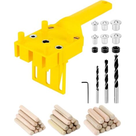 Kit de gabarit de perçage pour chevilles, guide de perçage pour chevilles en bois avec butée parallèle, kit de gabarit avec dispositif de centrage pour chevilles 6 mm/8 mm/10 mm (jaune) (1/4)