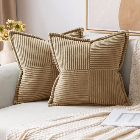 Housses de coussin décoratives pour canapé-lit, salon, 45 x 45 cm, lot de 2, coussins décoratifs brun style bohème, taies d'oreiller en velours côtelé doux à rayures latérales (1/4)