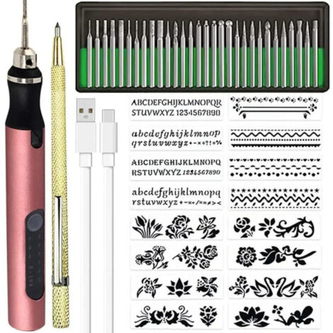 Kit de gravure DIY sans fil et rechargeable avec stylo micro-graveur pour métal, verre, et plastique, comprenant 30 embouts, et 1 stylo traceur, rose (1/5)