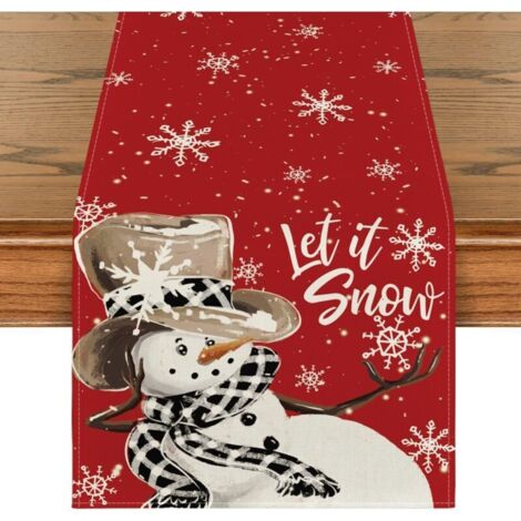 33 x 90 cm, Chemin de table hivernal « Bonhomme de neige rouge et flocons de neige », décoration de table de Noël pour la cuisine et la salle à manger (1/4)