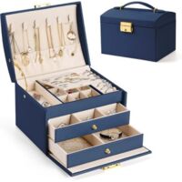 Boite a Bijoux Femme Fille, Boîte à Bijoux Coffret à Bijoux Rangement Bijoux Organisateur pour Bagues Bracelets Boucles d'oreilles Montres Lunettes Cadeaux de Noël Bleu Marine 17x14x13cm BOX03