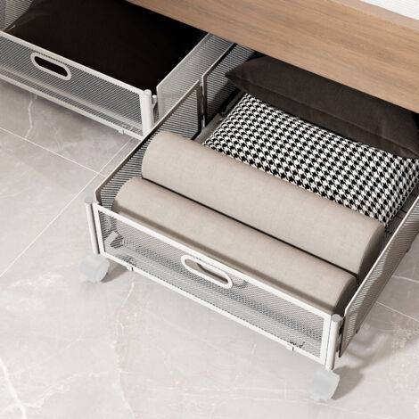 Rangement Sous Lit Pliable avec Roulettes, Tiroir Étagère en Métal, Boite Rangement Lit, Organisateur polyvalent pour pour jouets, vêtements, etc. (blanc) (1/4)