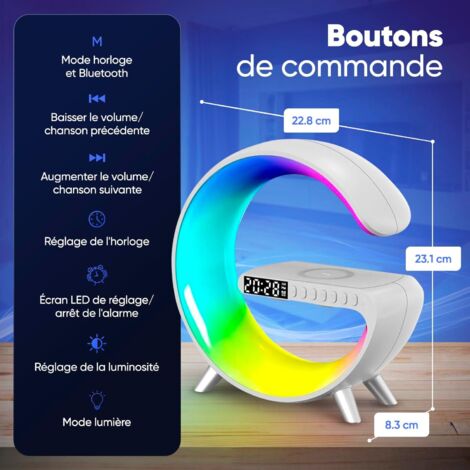 Lampe D'Ambiance Multitâche Avec Charge Sans Fil 15W, Haut-Parleur Bluetooth Et Réveil Lumière Du Jour – 13 Couleurs Magiques !