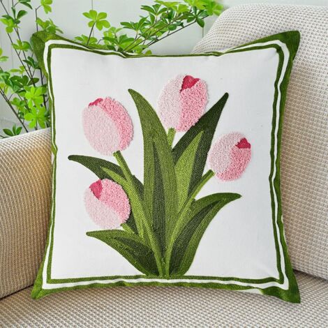 Housse de coussin brodée de fleurs de tulipes roses, housse de coussin carrée décorative colorée pour ferme, salon, chambre à coucher, canapé, décoration d'intérieur, 45 x 45 cm (1/5)