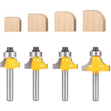 Jeu de 4 fraises à arrondir, queue de 6,35 mm (1/4 pouce), rayons de courbure de 3,175 mm (1/8 pouce), 6,35 mm (1/4 pouce), 4,76 mm (3/16 pouce), 7,94 mm (5/16 pouce), guide à roulement pour fraise à (1/5)