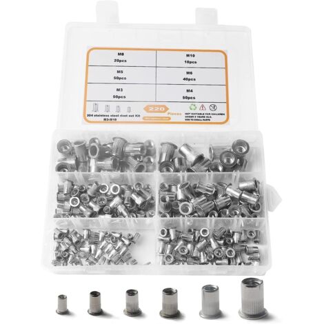 220 écrous à sertir à tête plate en acier inoxydable, insert fileté, tailles M3, M4, M5, M6, M8 et M10. Accessoire de réparation et de fixation. (1/5)