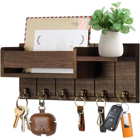 Boîte à clés en bois, avec 6 crochets, style moderne, à fixer au mur, idéale pour le salon, la cuisine, le bureau, le couloir ou la chambre. Couleur : marron. (1/5)