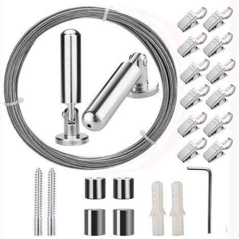 5m Tringle à rideaux avec 20 clips, supporte une charge de 30 kg, en acier inoxydable, fil de suspension, multifonction (1/5)