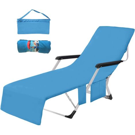 Microfibre Serviette de Plage Transat Bain de Soleil, Drap de Plage pour Chaise Longue Homme Femme, Séchage Rapide/Plusieurs Poches/Poids Léger/Ultra Absorbant, 75 X 210CM Bleu