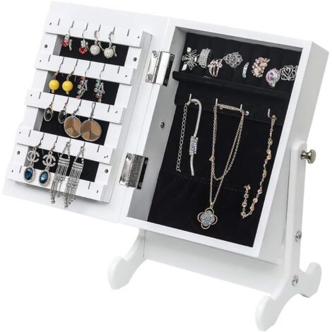Armoire à Bijoux avec Miroir, Organisateur de bijoux sur pieds, Verrouillable, Avec miroir inclinable, Blanc (1/5)