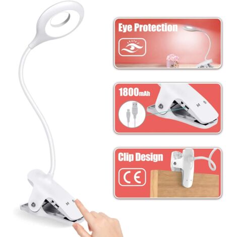 Lampe de Bureau LED sans Fil Rechargeable, Lampe de Lecture pour Livre avec 28 LEDs, 3 Couleur et 3 Intensité Variable, Lampe Pince pour Lit, Lampe de Chevet Tactile pour Enfant, Blanc