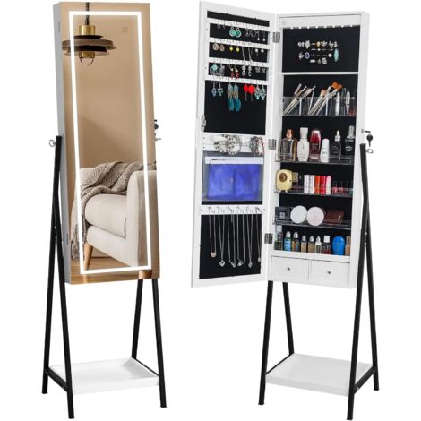 Armoire à Bijoux sur Pieds, Lumière LED 3 Couleurs Réglable, Meuble de Rangement Cosmétiques, Organisateur de Bijoux sur Pieds, Placard Beauté avec Miroirs, Etagères (1/5)
