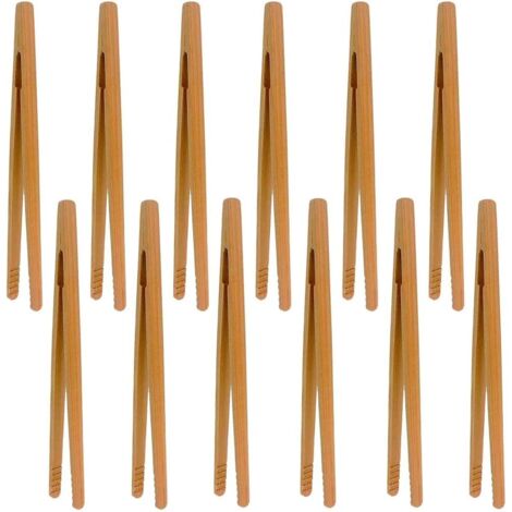 12 Pcs Pinces de cuisine en bambou Pince grille-pain Pince à toasts Pinces à pain de bois,Pour Barbecue,Buffet,Pain,Steak (1/5)