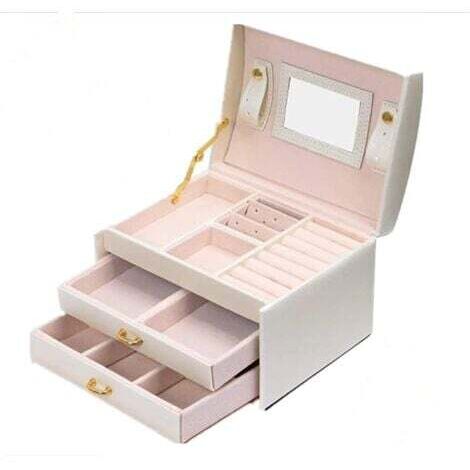 Boîte à bijoux, Organisateur à bijoux avec 2 tiroirs, Coffre à bijoux verrouillable avec miroir, Boîte de voyage portable, doublure en velours, idée cadeau, (Blanc) (1/5)