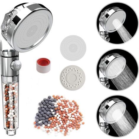 Pommeau Douche à main Filtrante avec fonction d'arrêt de l'eau, Pommeau Douche Anti Calcaire Économiseur d'Eau, douche à main Filtrante avec pierre filtrante remplaçable 3 modes de douche (1/5)