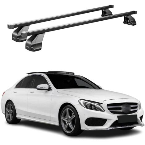 OMAC Barres de toit transversales en acier pour Mercedes Classe C W205 2014-2021 – Antivol inclus – Testées City Crash – DIN 75302:2019 – ISO/PAS 11154:2006 – Charge max 75 kg Noir