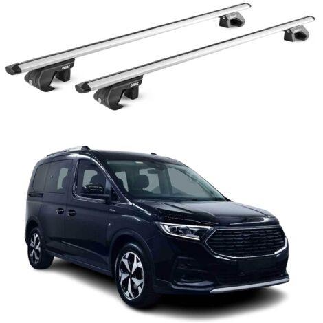 OMAC Barres de toit aluminium certifiées TÜV pour Ford Tourneo Connect III 2022-2026 – Pour rails de toit standards – Rainure en T – Charge max 90 kg – 2 antivols Argent (1/4)