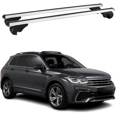 OMAC Barres de toit en aluminium pour VW Tiguan II 2016-2023 – TÜV / DIN 75302:2019 – Antivol inclus – Charge max 75 kg – 2 barres Argent (1/4)