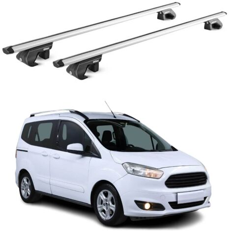 OMAC Barres de toit aluminium certifiées TÜV pour Ford Tourneo Courier I 2014-2023 – Pour rails de toit standards – Rainure en T – Charge max 90 kg – 2 antivols Argent (1/4)