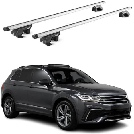 OMAC Barres de toit aluminium certifiées TÜV pour VW Tiguan Allspace II 2016-2023 – Pour rails de toit standards – Rainure en T – Charge max 90 kg – 2 antivols Argent (1/4)