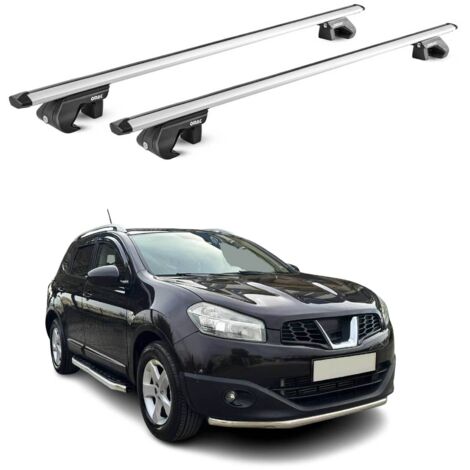 OMAC Barres de toit aluminium certifiées TÜV pour Nissan Qashqai J10 +2 2007-2013 – Pour rails de toit standards – Rainure en T – Charge max 90 kg – 2 antivols Argent